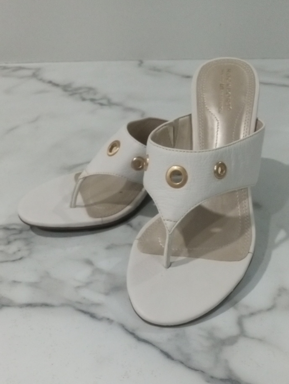 Women’s White Thong Heel Sandals with Gold Accents